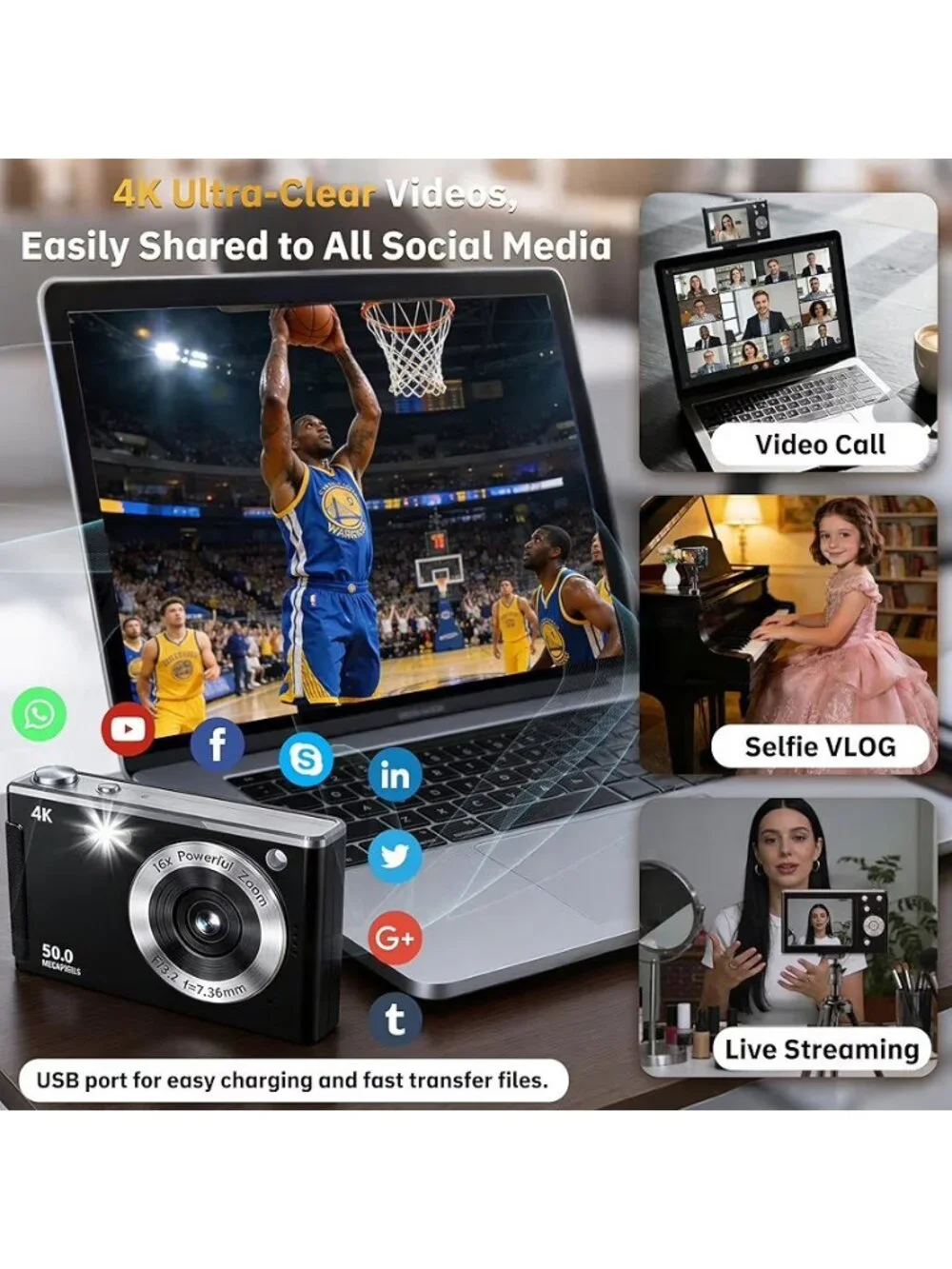 4K Digital Camera for Photography Autofocus,16X Zoom, 50MP Portable Compact Poin